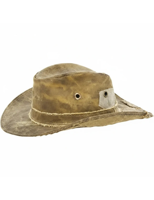 Brown weathered canvas hat with a wide brim and two metal eyelets on the side