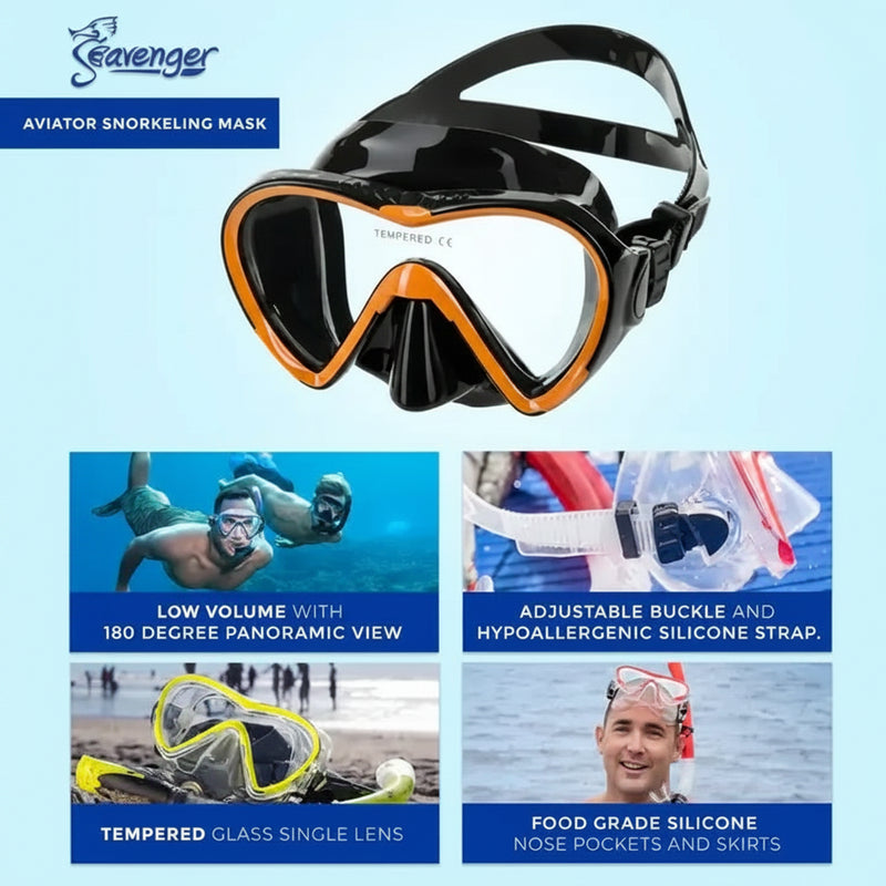 Seavenger Aviator Snorkeling Mask with features: panoramic view, adjustable strap, tempered glass, silicone