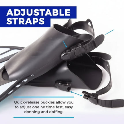 Black swim fins with adjustable straps and quick-release buckles