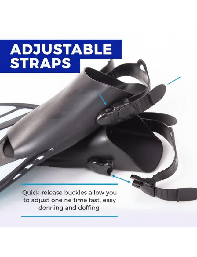 Black swim fins with adjustable straps and quick-release buckles