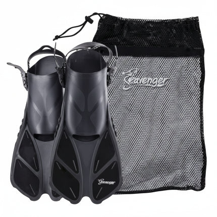 Black Scavenger swim fins and a black mesh drawstring bag