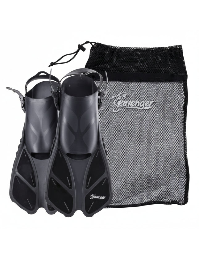 Black Scavenger swim fins and a black mesh drawstring bag