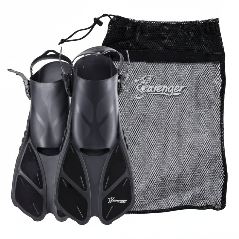 Black Scavenger swim fins and a black mesh drawstring bag