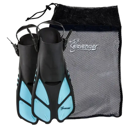Black and blue swim fins with a black mesh bag