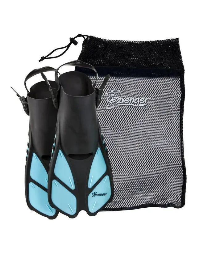 Black and blue swim fins with a black mesh bag