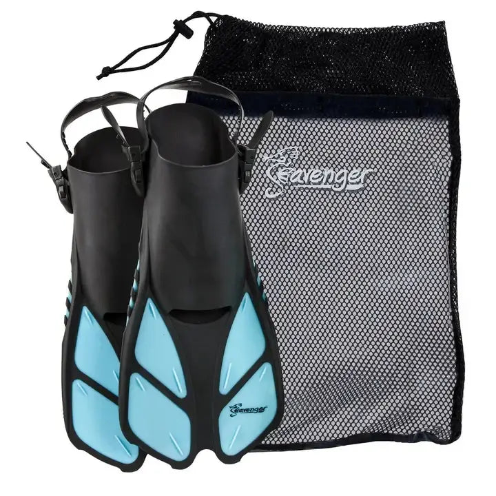 Black and blue swim fins with a black mesh bag