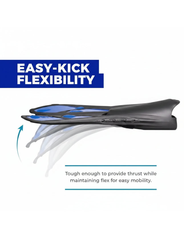 Easy-kick flexibility graphic showing a swim fin bending with an arrow indicating movement