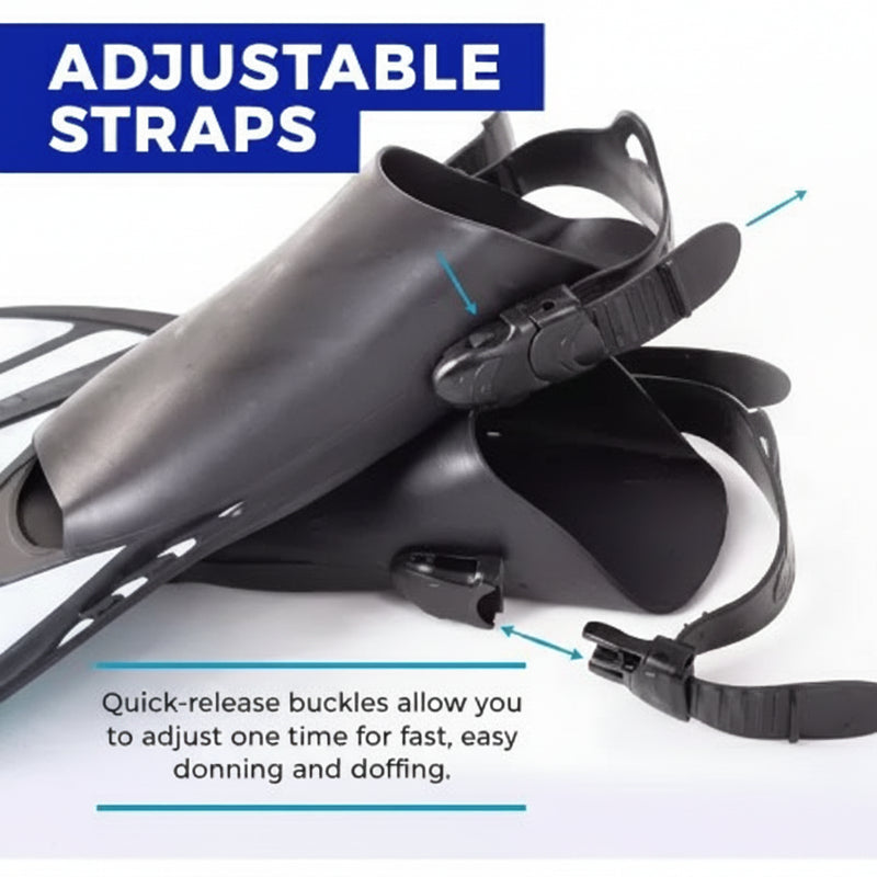 Close up of black swim fins with adjustable straps and quick-release buckles