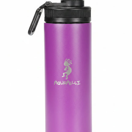 Purple water bottle with black cap and Aquapelli logo on a white background