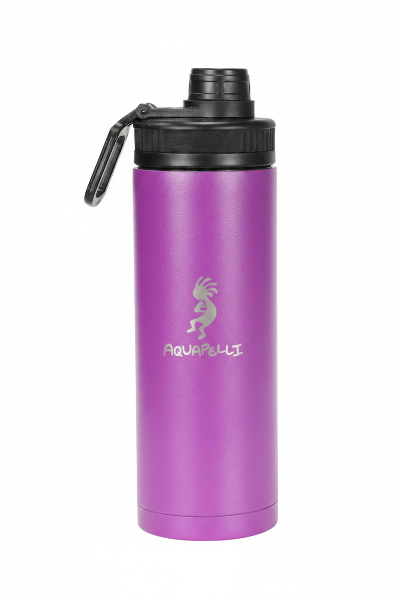 Purple water bottle with black cap and Aquapelli logo on a white background