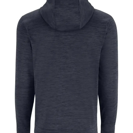 Back of a dark gray hoodie with long sleeves