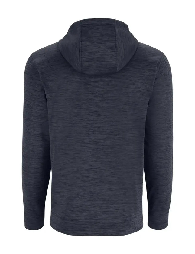 Back of a dark gray hoodie with long sleeves