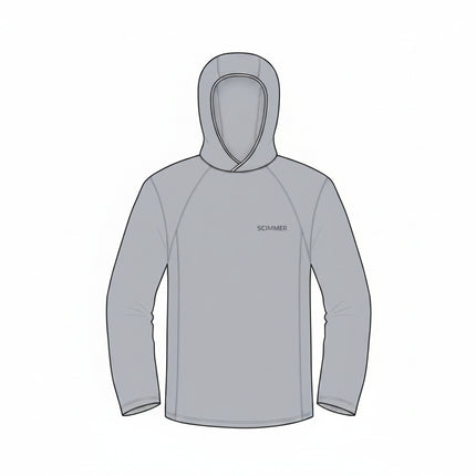 Grey long-sleeved hooded shirt with a small logo on the chest