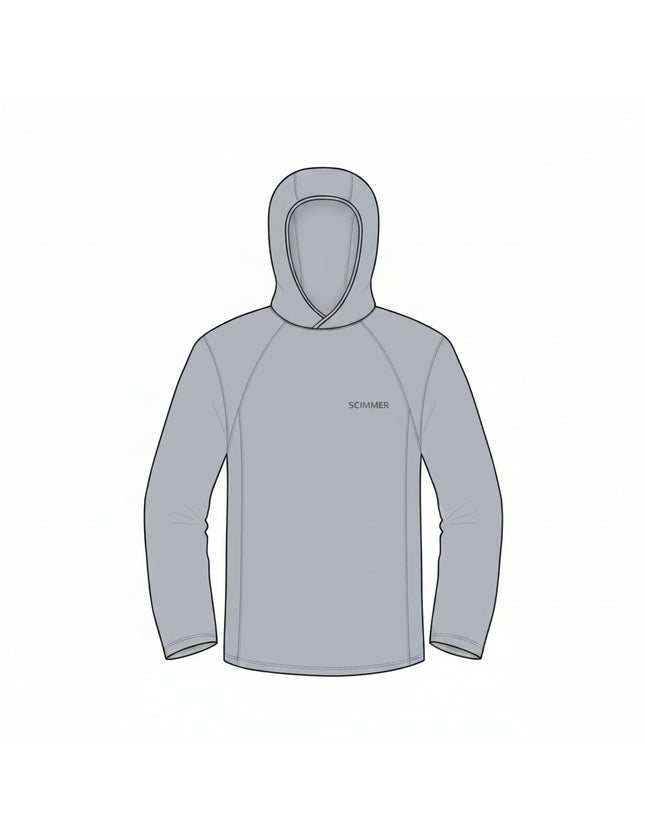 Grey long-sleeved hooded shirt with a small logo on the chest