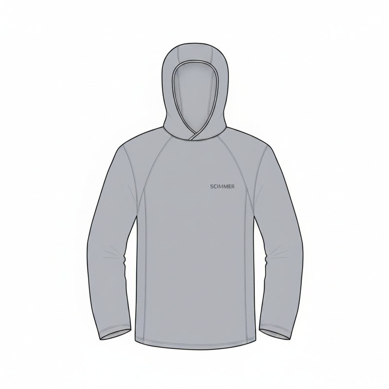 Grey long-sleeved hooded shirt with a small logo on the chest