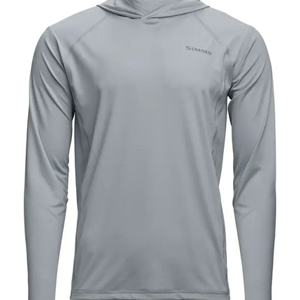 Grey long-sleeved hooded shirt with SIMMS logo