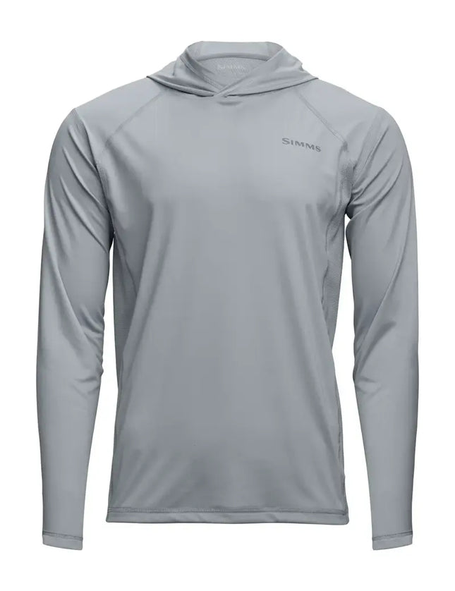 Grey long-sleeved hooded shirt with SIMMS logo