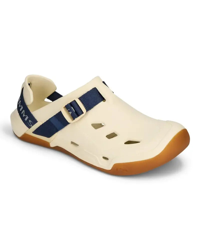 Cream colored water shoe with blue strap and brown sole