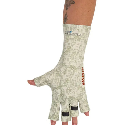 Arm wearing a cream-colored sun glove with a green swirl pattern and red Simms logo