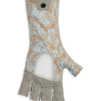 Light blue and orange patterned fingerless glove with a grey palm and wrist strap