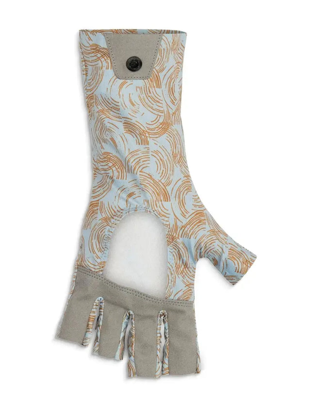 Light blue and orange patterned fingerless glove with a grey palm and wrist strap
