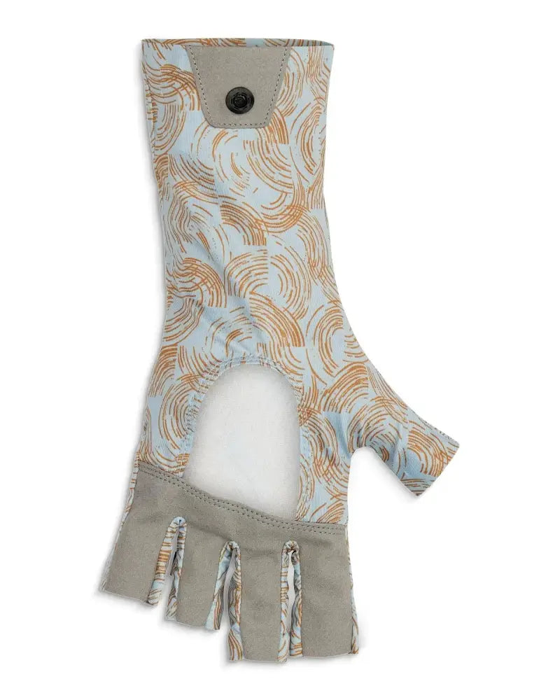 Light blue and orange patterned fingerless glove with a grey palm and wrist strap