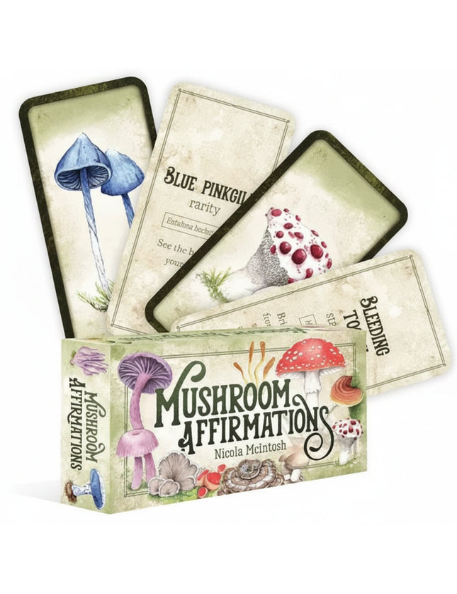 Mushroom Affirmations card deck and box with various mushroom illustrations