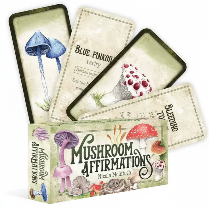 Mushroom Affirmations card deck and box with various mushroom illustrations