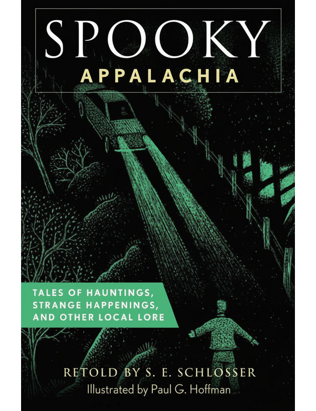 Spooky Appalachia book cover with a car on a dark road and a ghostly figure