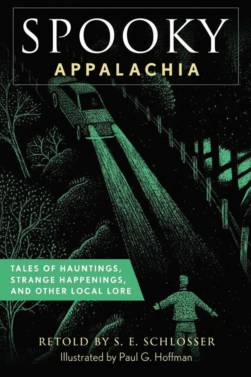 Spooky Appalachia book cover with a car on a dark road and a ghostly figure