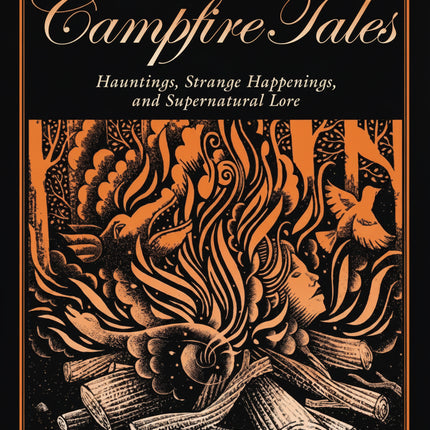 Spooky Campfire Tales book cover with orange and black illustration of a campfire with faces and birds