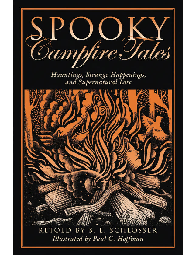 Spooky Campfire Tales book cover with orange and black illustration of a campfire with faces and birds