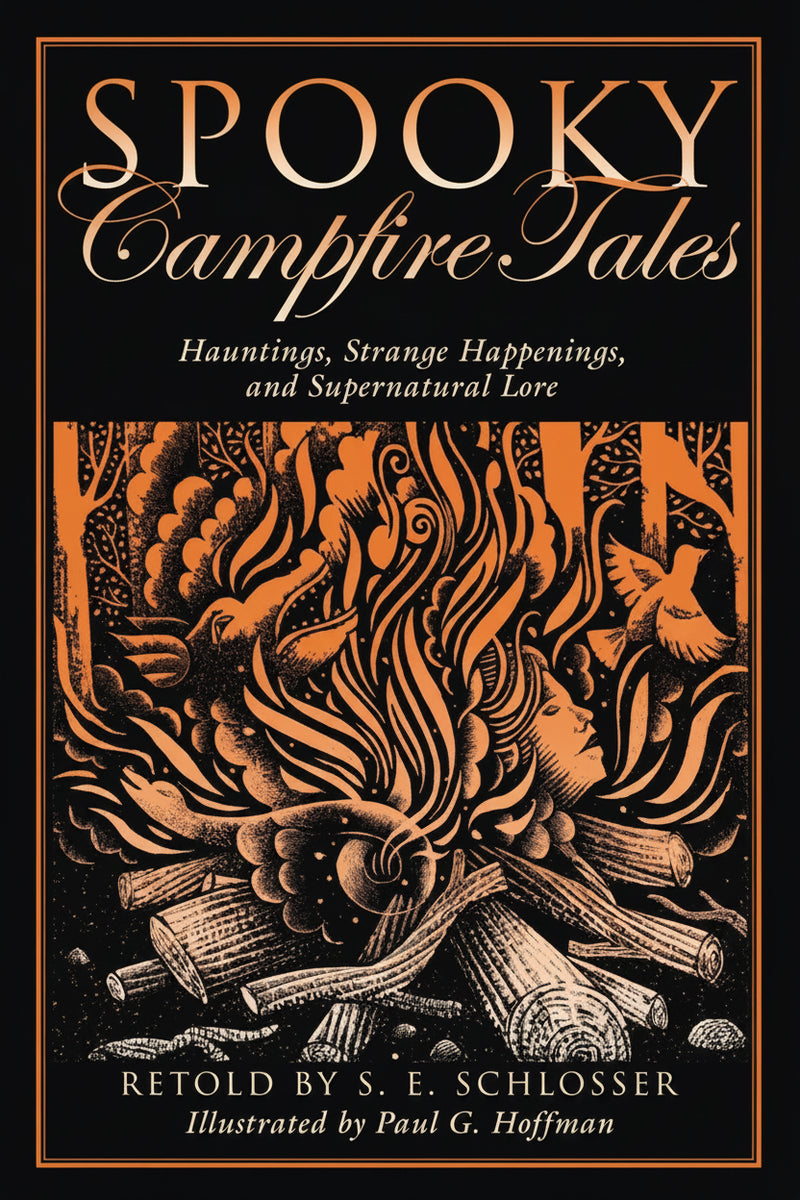 Spooky Campfire Tales book cover with orange and black illustration of a campfire with faces and birds