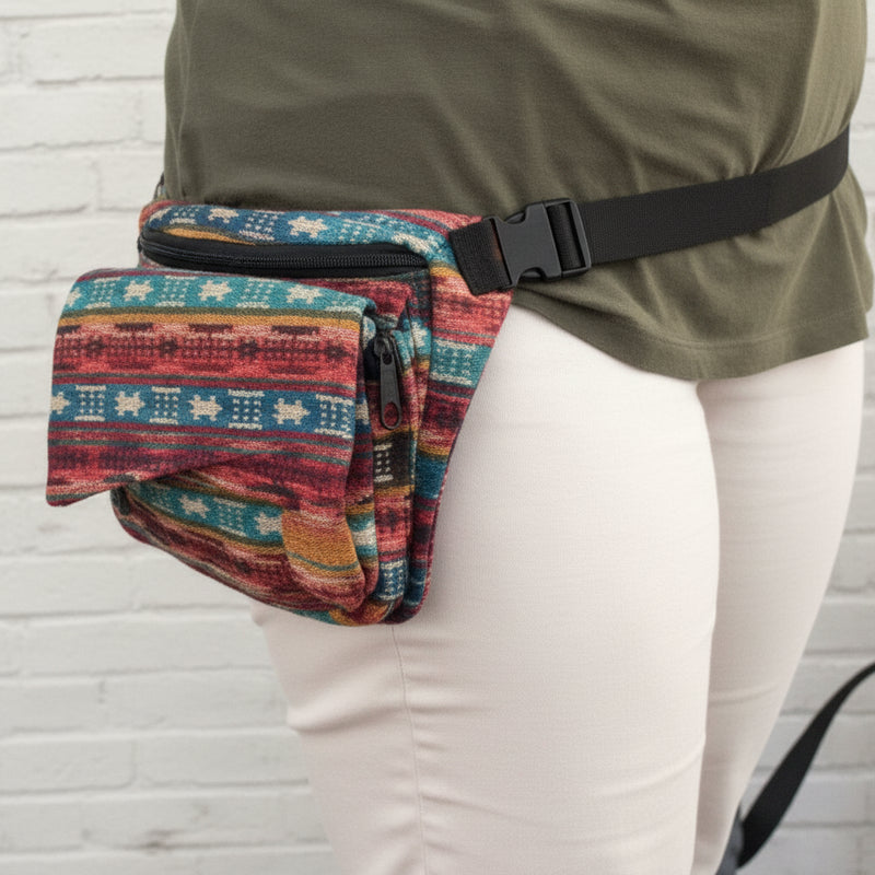 Person wearing a patterned fanny pack around their waist