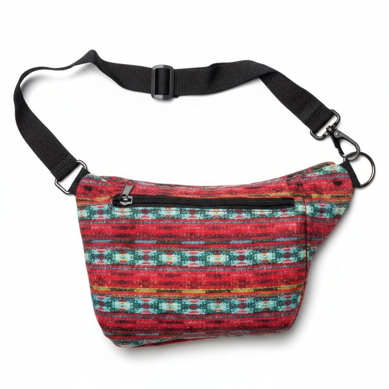 Red and blue patterned fanny pack with a black adjustable strap