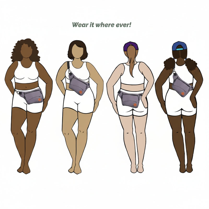 Four women of varying body types wearing a grey fanny pack in different positions