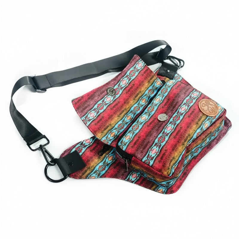 Red and blue patterned fanny pack with a black strap
