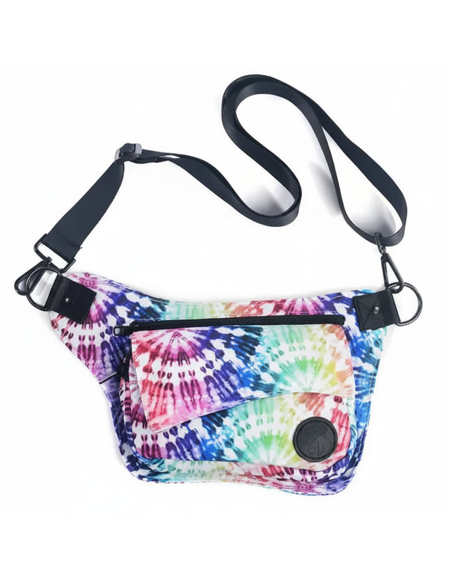 Tie-dye fanny pack with black strap and zippers