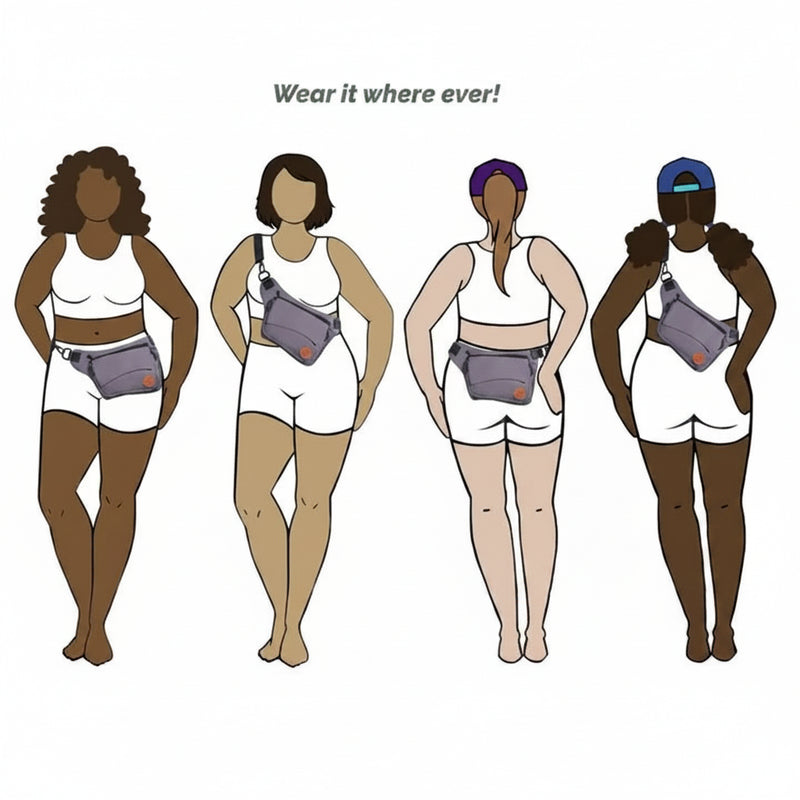 Four women with different body types wearing a grey fanny pack in various positions