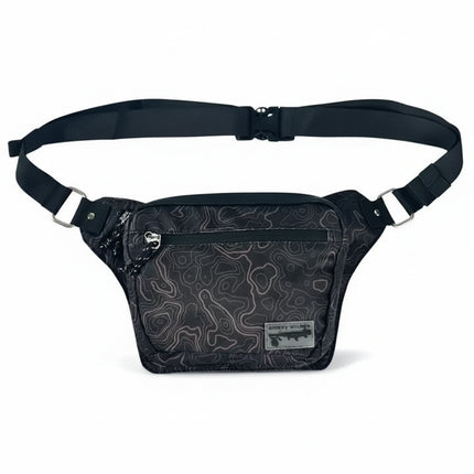 Black fanny pack with a topographic map pattern and a black adjustable strap