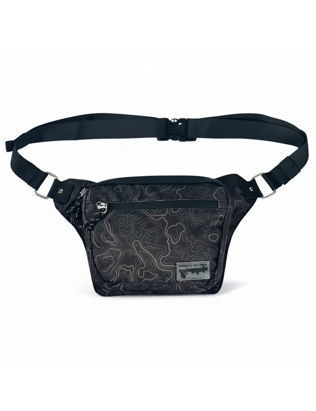 Black fanny pack with a topographic map pattern and a black adjustable strap