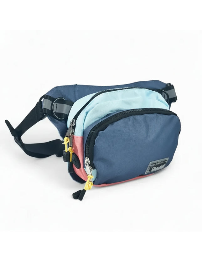 Blue and pink fanny pack with yellow zipper pulls
