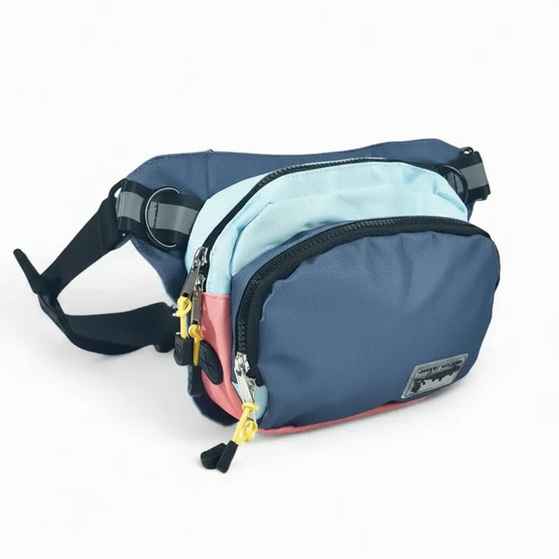 Blue and pink fanny pack with yellow zipper pulls