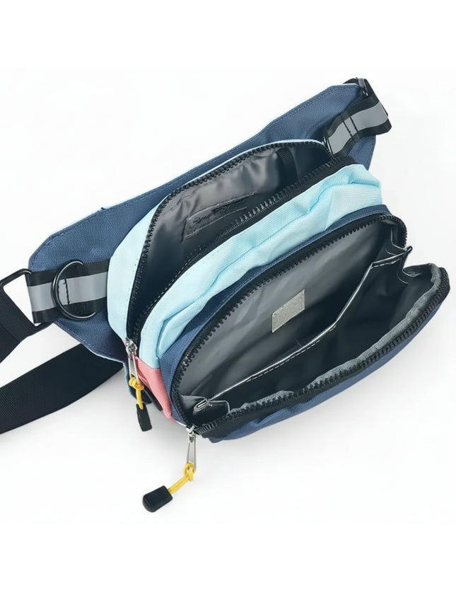 Open view of a blue, light blue, and pink fanny pack with multiple compartments and yellow zipper pulls