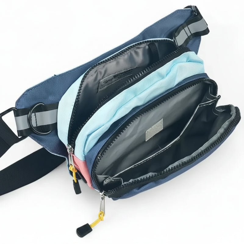 Open view of a blue, light blue, and pink fanny pack with multiple compartments and yellow zipper pulls