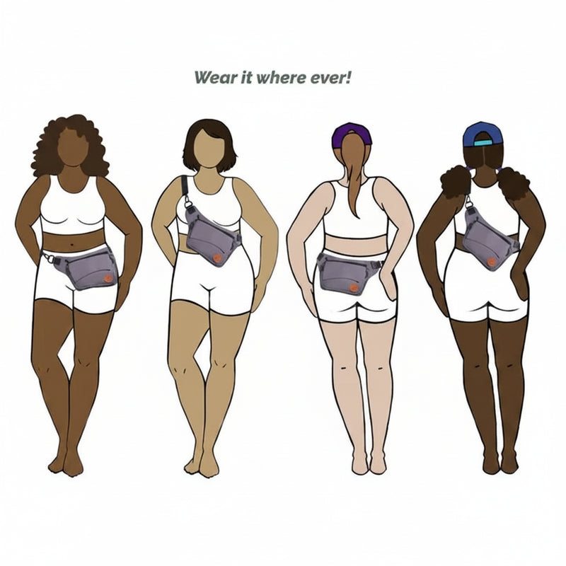 Four women with different body types wearing a fanny pack in various positions