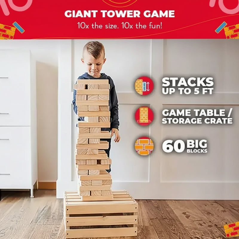 Child playing with a giant tower game made of wooden blocks, stacked on a wooden crate