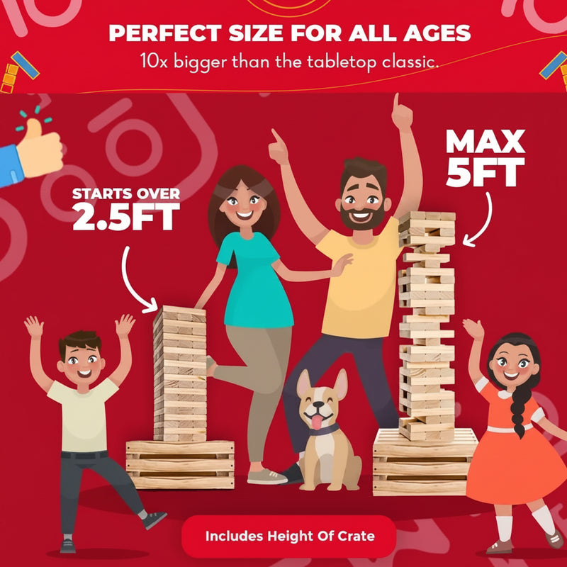 Family playing giant stacking block game, showing starting height of 2.5ft and maximum height of 5ft