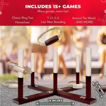 Ring toss game with rope rings and wooden posts, 16 inches in height and width