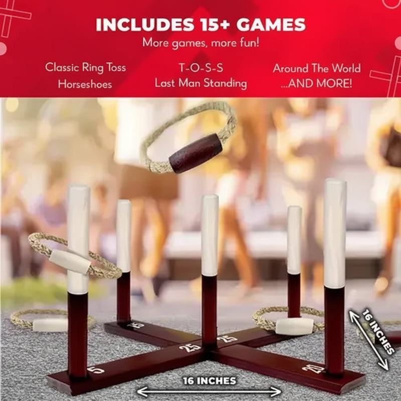 Ring toss game with rope rings and wooden posts, 16 inches in height and width